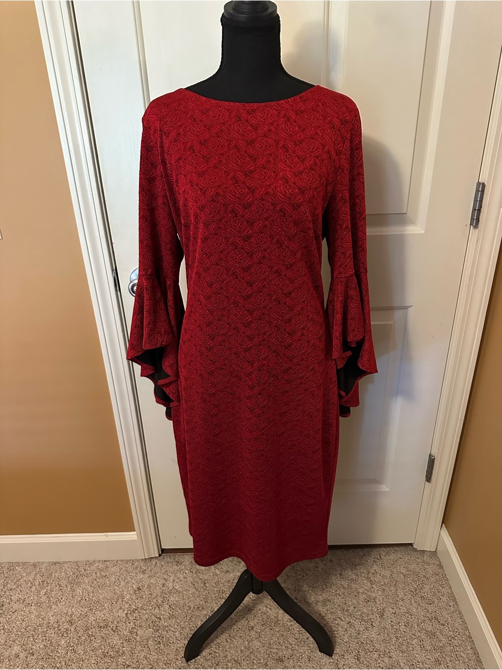 Red Bell-Sleeve Textured Shift Dress for Women